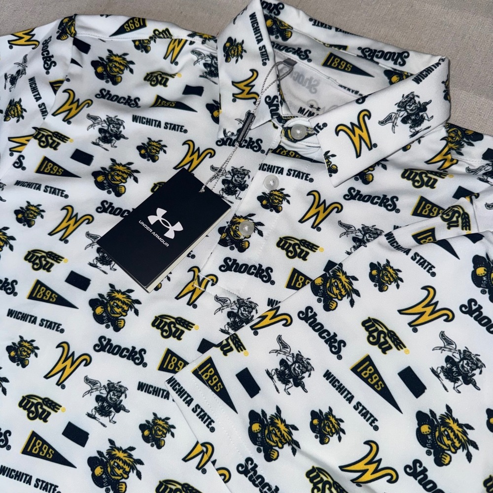NWT Under Armour Wichita State Shocks Golf Polo Mens Medium White All Over Print